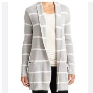 Athleta XS Highland Sweater Cardigan Gray White Stripes Open Front Pockets